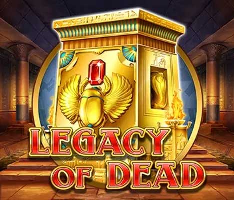 Golden Egyptian tomb with a large red gem and scarab motif, set in an ancient temple with glowing details. Bold Legacy Of Dead text overlays.
