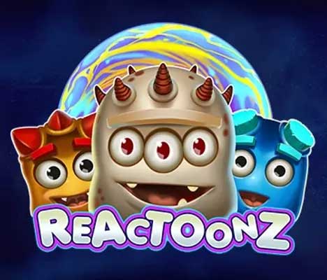 Reactoonz : Three colorful cartoon monsters with multiple eyes and happy expressions in front of a swirling galaxy. The text below them reads Reactoonz.